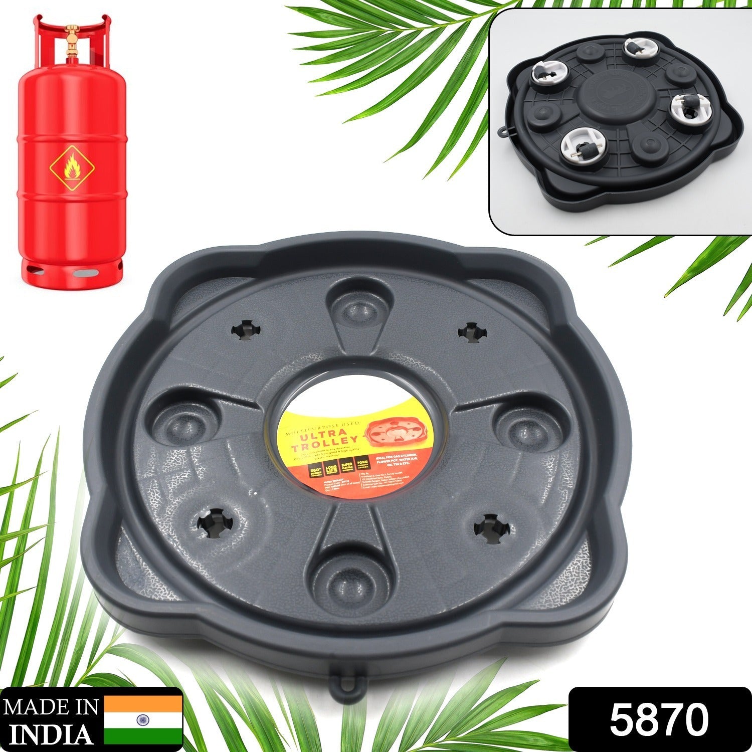 5870 Multipurpose Use, Gas Cylinder Trolley Movable Stand with Wheels, Gas Cylinder Stand, Water Jug Stand, Flower Pot Stand, Oil Tin 5870 Multipurpose Use, Gas Cylinder Trolley Movable Stand with Wheels, Gas Cylinder Stand, Water Jug Stand, Flower Pot Stand, Oil Tin